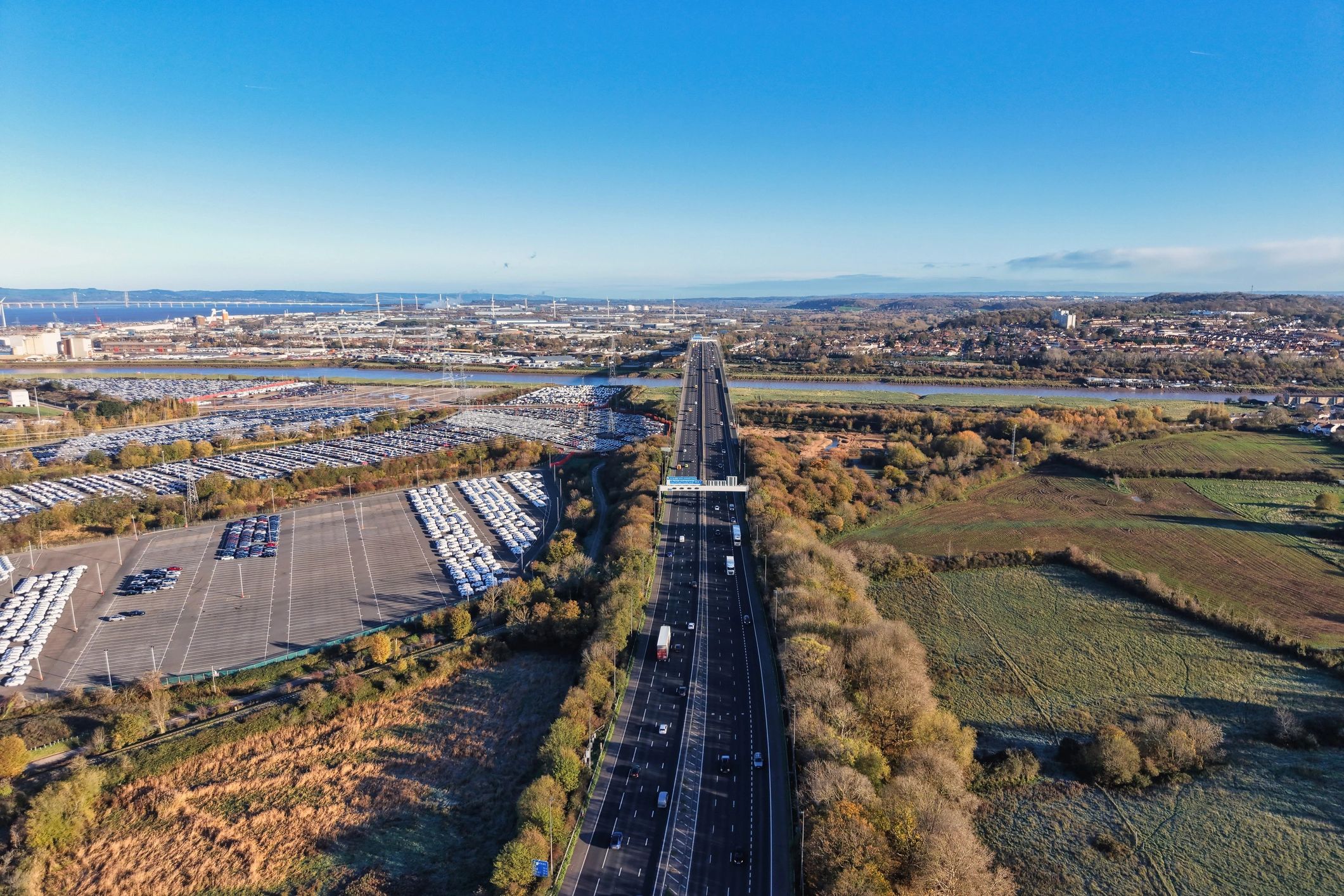 Aerial view of a large vehicle storage and dealership area